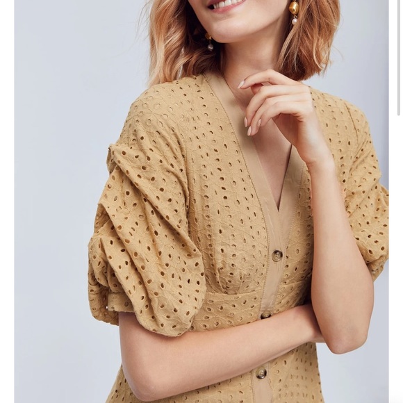 NWT MOTF Schiffy Eyelet Khaki Cotton Bishop Sleeve Button Down Midi Dress XS - Picture 3 of 9